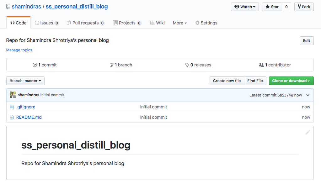Screenshot of setting up new site github repo with README.md