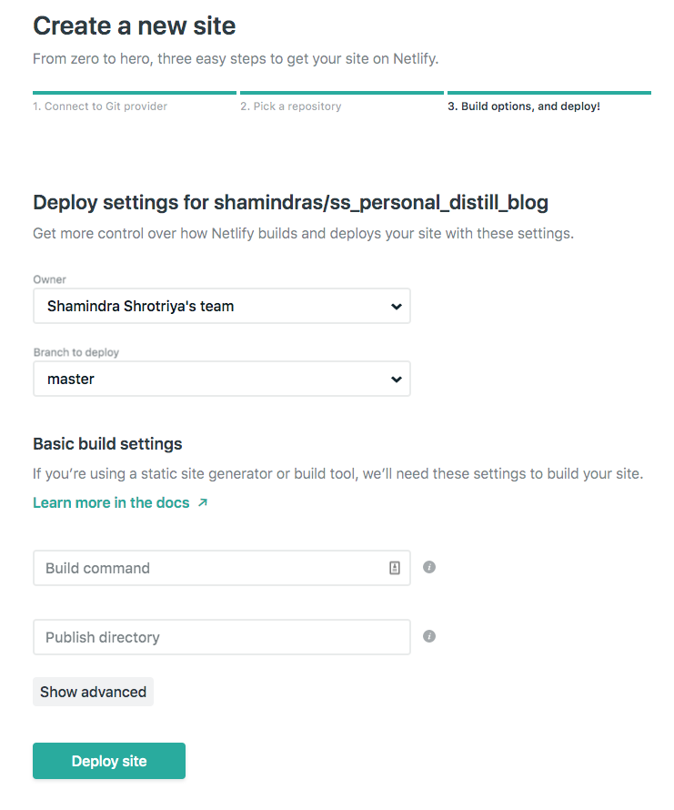 Screenshot of configuring Netlify build options