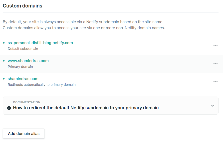 Screenshot of all custom domains for site with Netlify