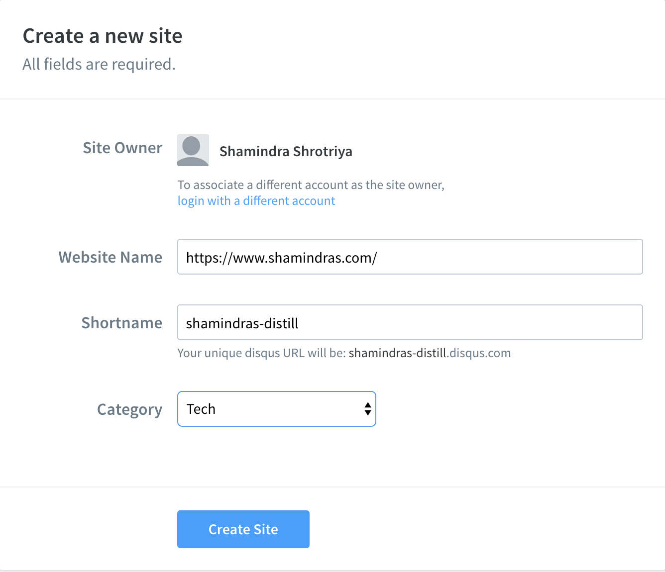 Screenshot of setting up Disqus shortname