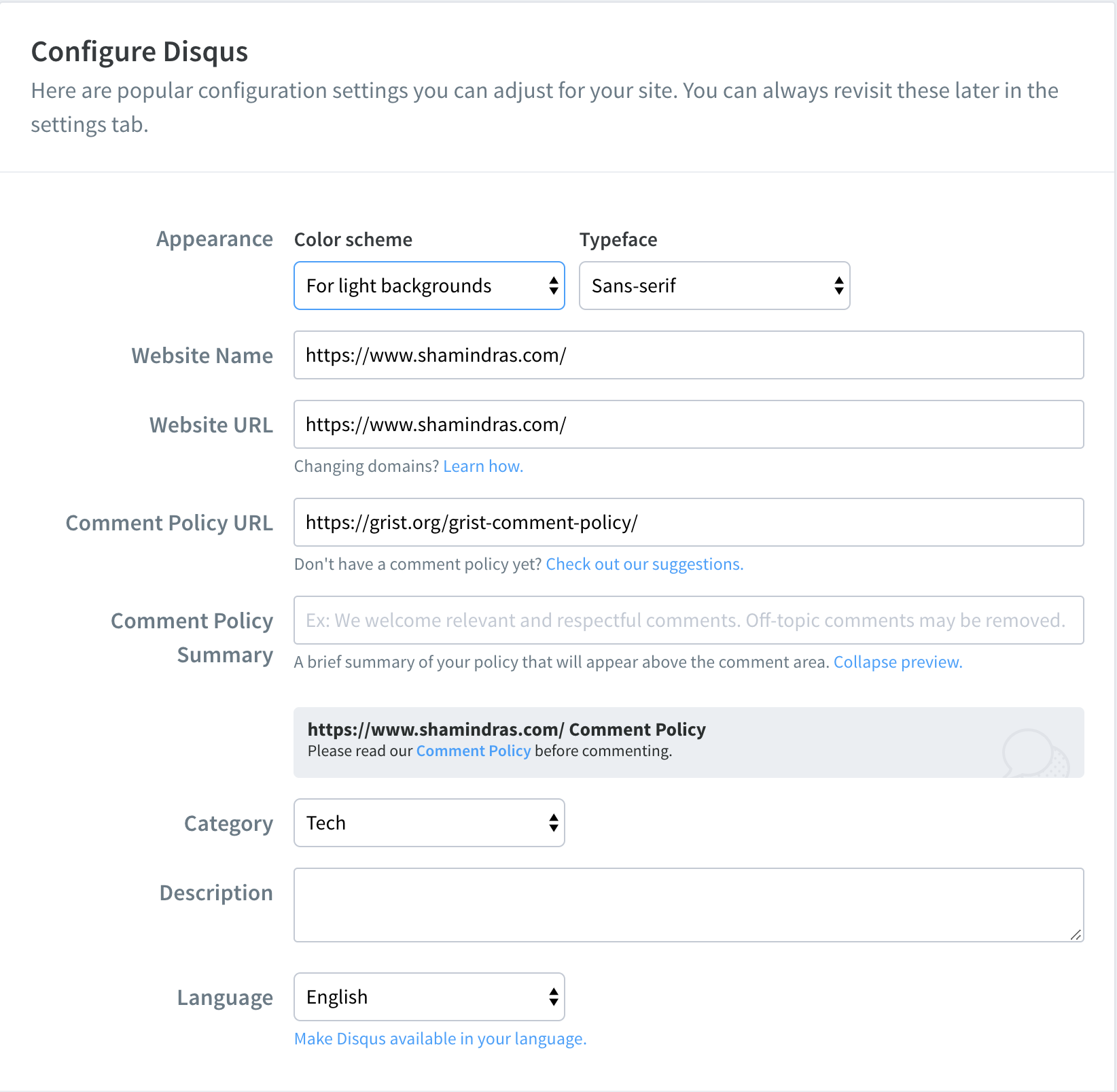 Screenshot of Disqus configuration settings